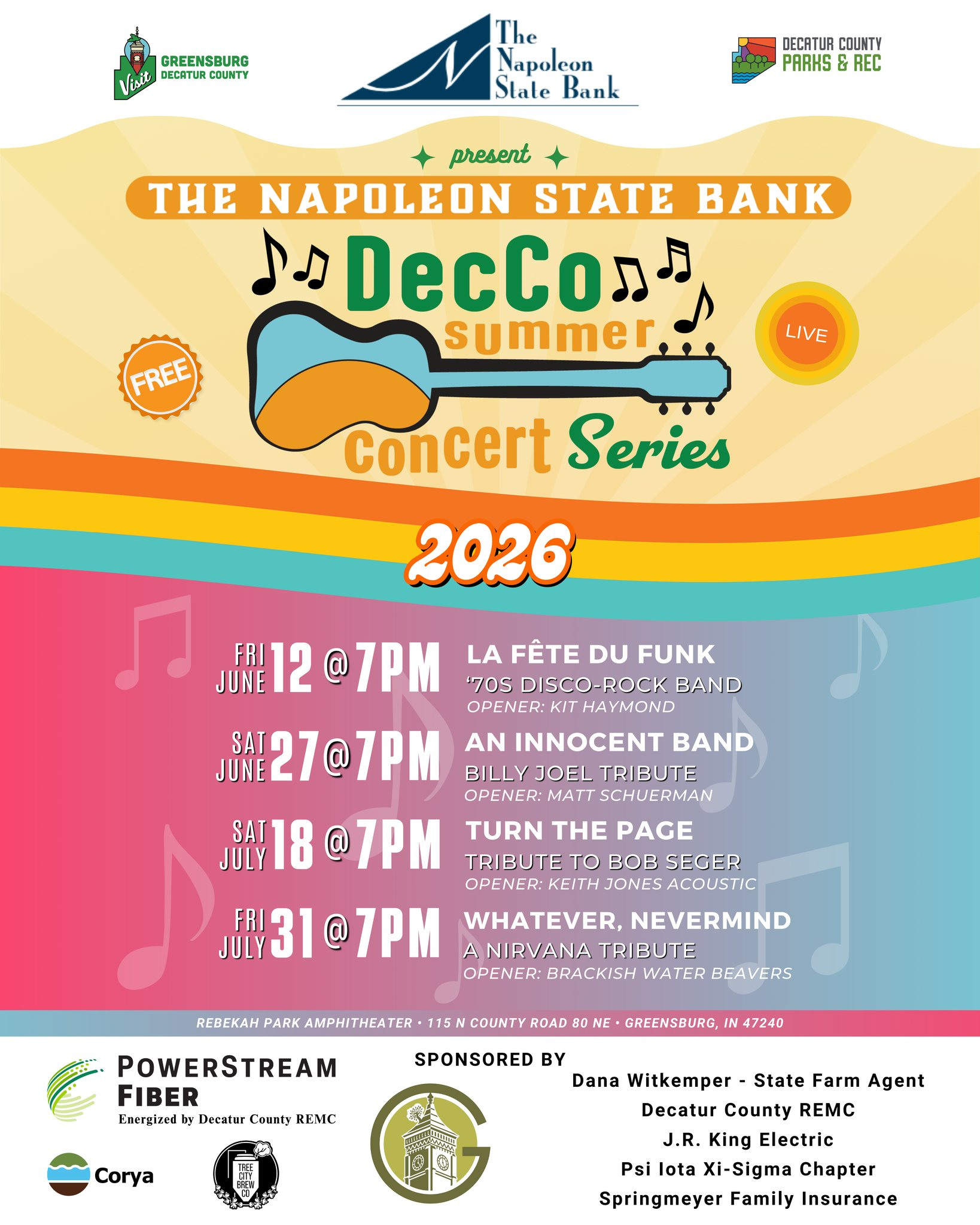 An announcement for the Decatur County Summer Concert series, 2026. All concerts are held at the Rebekah Park Amphitheater and start at 7 PM. Concerts are as follows: June 12, La Fete Du Funk, a '70s Disco-Rock Band, with opening act Kit Haymond; June 27, An Innocent Band, a Billy Joel tribute, with opening act Matt Schuerman; July 18, Turn The Page, a Bob Seger tribute, with opening act Keith Jones Acoustic and July 31, Whatever, Nevermind, a Nirvana tribute with opener Brackish Water Beavers.
