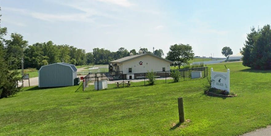A screenshot of the Greensburg-Decatur County Animal Shelter from Google Maps, August 2024. The grass is bright green, the sky in the background is blue with a few clouds. There are several trees near the building. The building is a tan sheet metal pole barn type space with a black chain link fence around a play area for dogs and a small blue-gray storage shed next to the building. There's a white sign reading "Greensburg Decatur County Animal Shelter" close to the road.