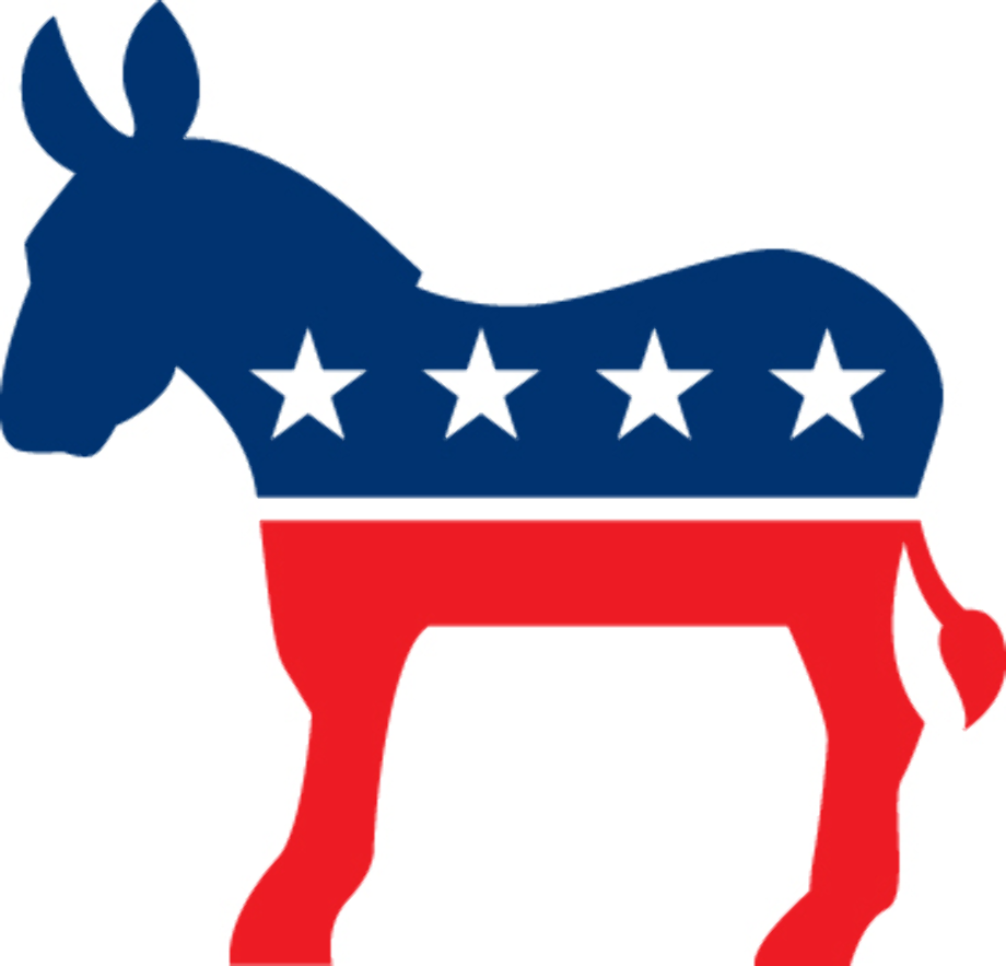A stock image of the United States Democratic Party logo. The logo is a red, white and blue Donkey with four stars along its side. The donkey's legs, belly and tail are red. The donkey's neck, back and upper body are blue. The four white stars are in the blue field and there's a white stripe between the red and blue halves of the donkey.