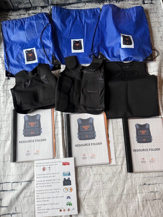 Three black weighted vests in sizes XS, S and M lined up with blue drawstring bags, resource folders and a social story sheet describing how weighted vests are used to the person who will be using them. Photo provided by the library.