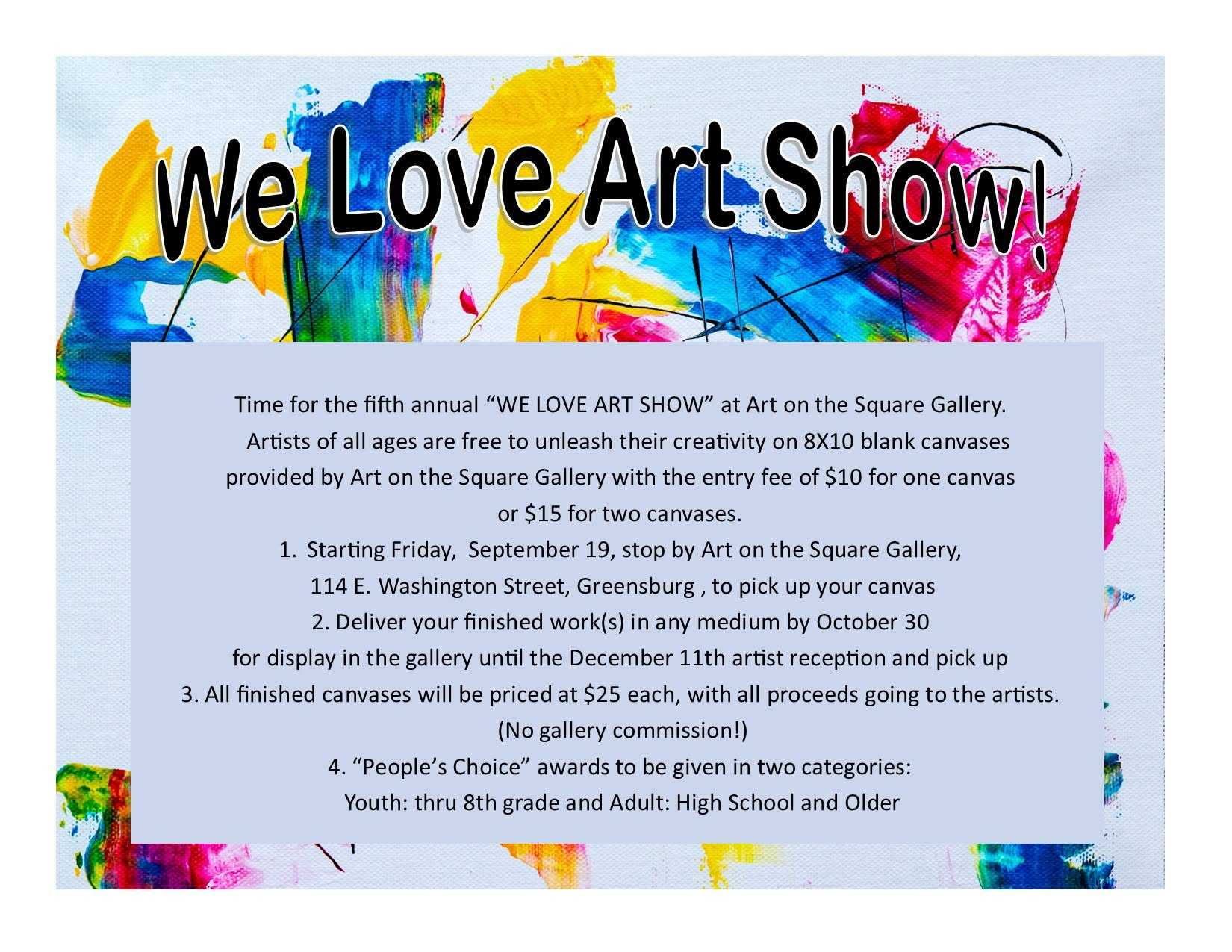 Graphic outlining the rules for the Art on the Square (Greensburg) We Love Art Show.