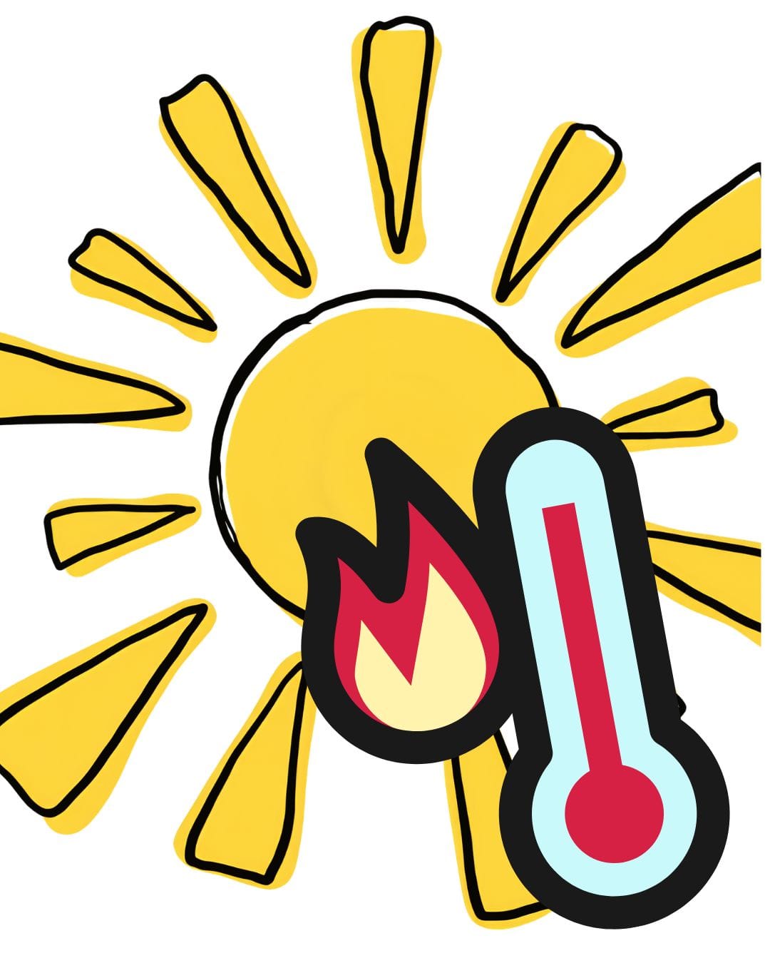A graphic depicting a cartoon sun and cartoon thermometer showing a high temperature.