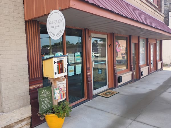 Street view of Dog-Eared Pages, 114 S. Franklin St. Greensburg, IN. There's a small Little Free Library box out front and Halloween-themed art in the windows. Photo by Noelle Maxwell.