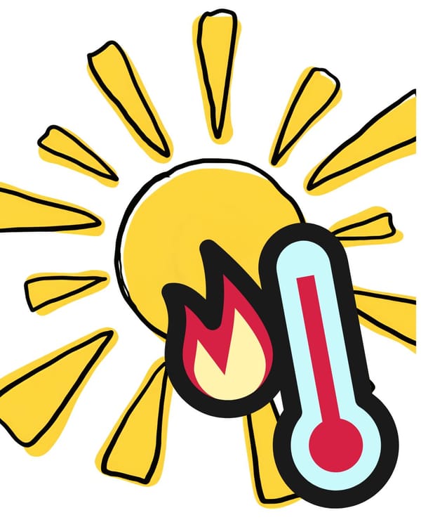 A graphic depicting a cartoon sun and cartoon thermometer showing a high temperature.
